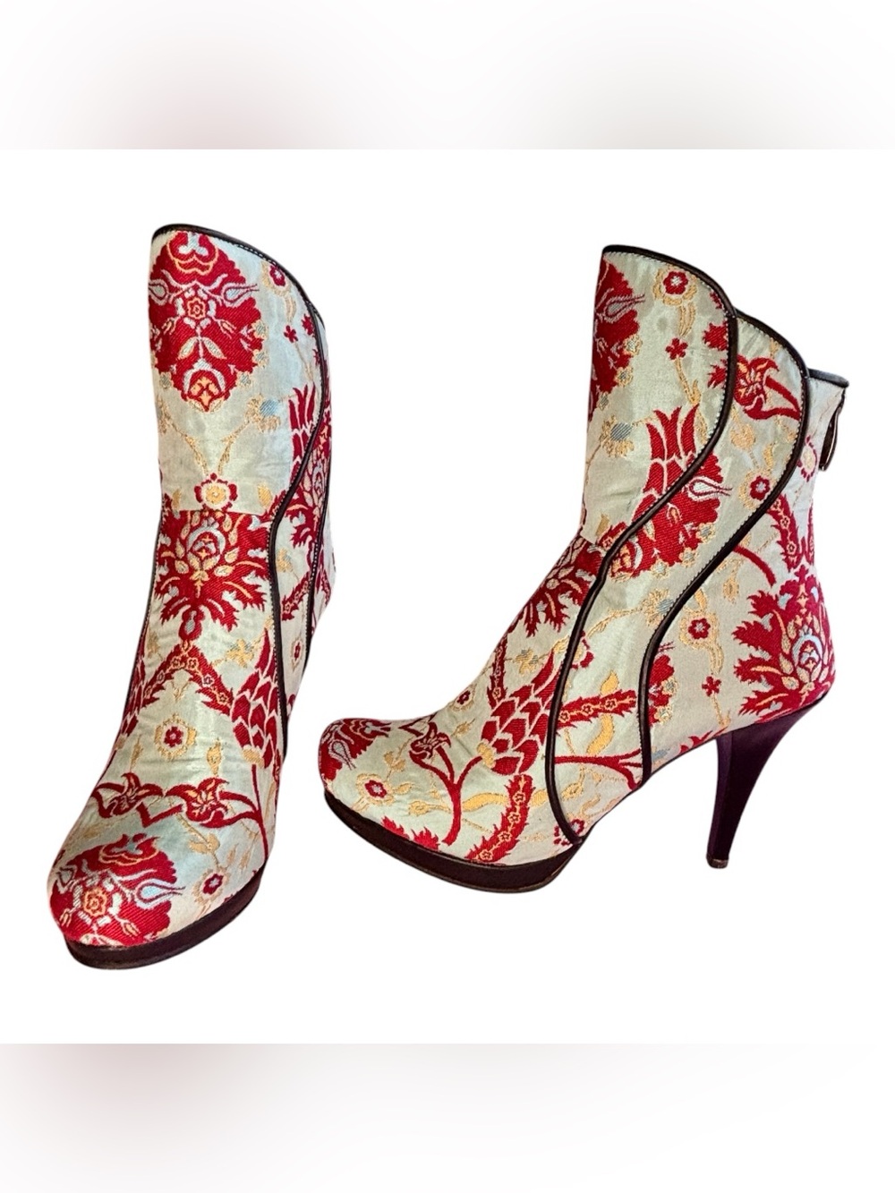 Rockwell Tharp Brocade Booties Sz 39 Red Cream Floral Stiletto Boho - Picture 8 of 15